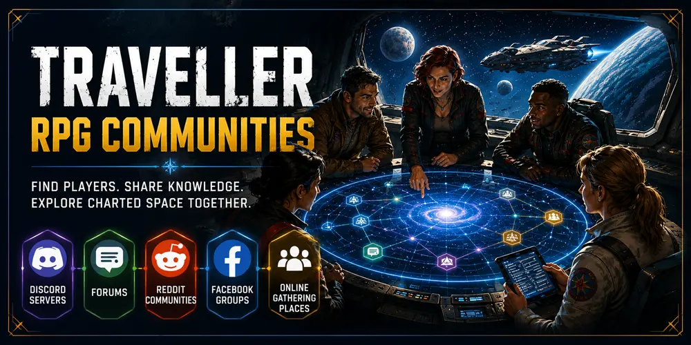 A Traveller crew gathered around a holographic star map, with glowing communication windows for Discord, Reddit, Facebook, forums, Traveller Map, and Traveller Wiki connected by jump routes.